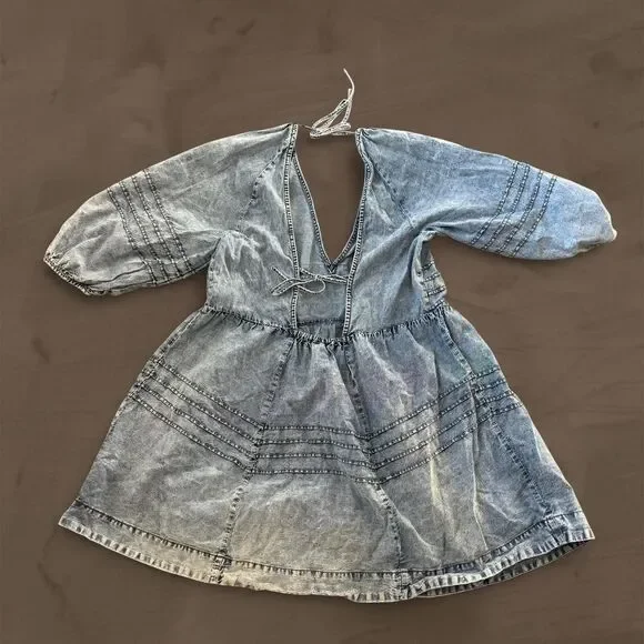 free people blue denim mini dress sweet surrender size large - Picture 3 of 6